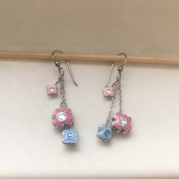 Brighton Jewelry - Brighton Pierced Earrings Dangling Silver With Pink and Blue Flowers Rhinestones